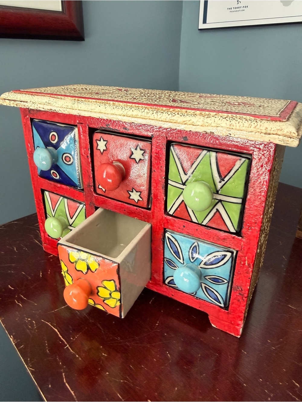 Hand-Painted Red Ceramic Accent Drawer Chest with Multicolor Knobs